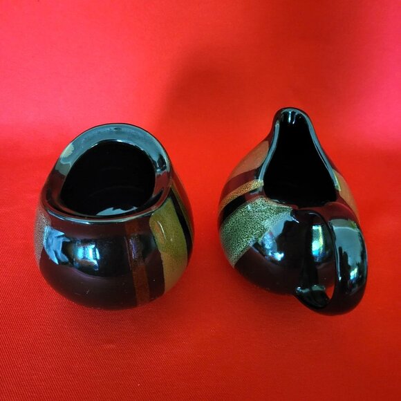 Sango Avanti Black Creamer and Sugar Set Ceramic Drip Glaze Mid Century Modern B - Picture 5 of 12